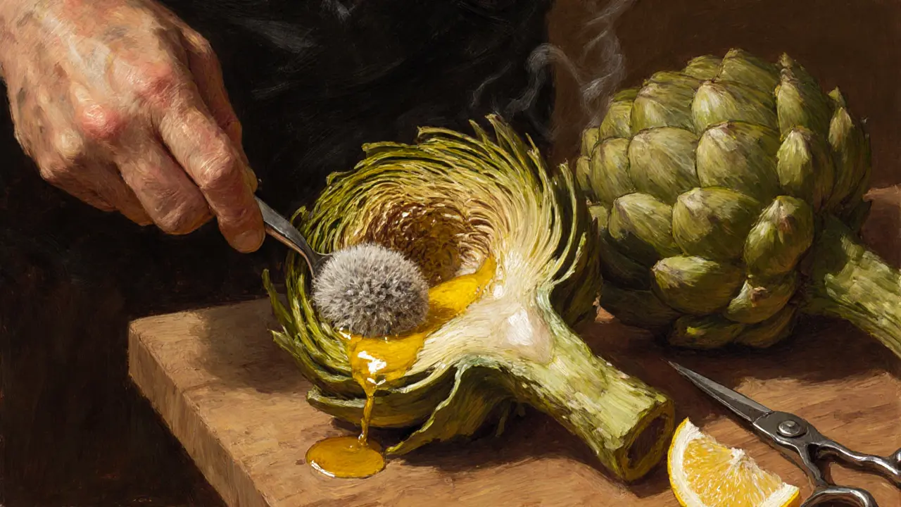 A hand scooping the choke from a cooked artichoke heart with butter dripping down the leaves.