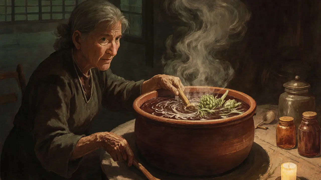A Vietnamese grandmother brewing artichoke tea in a clay pot with steam rising gently.