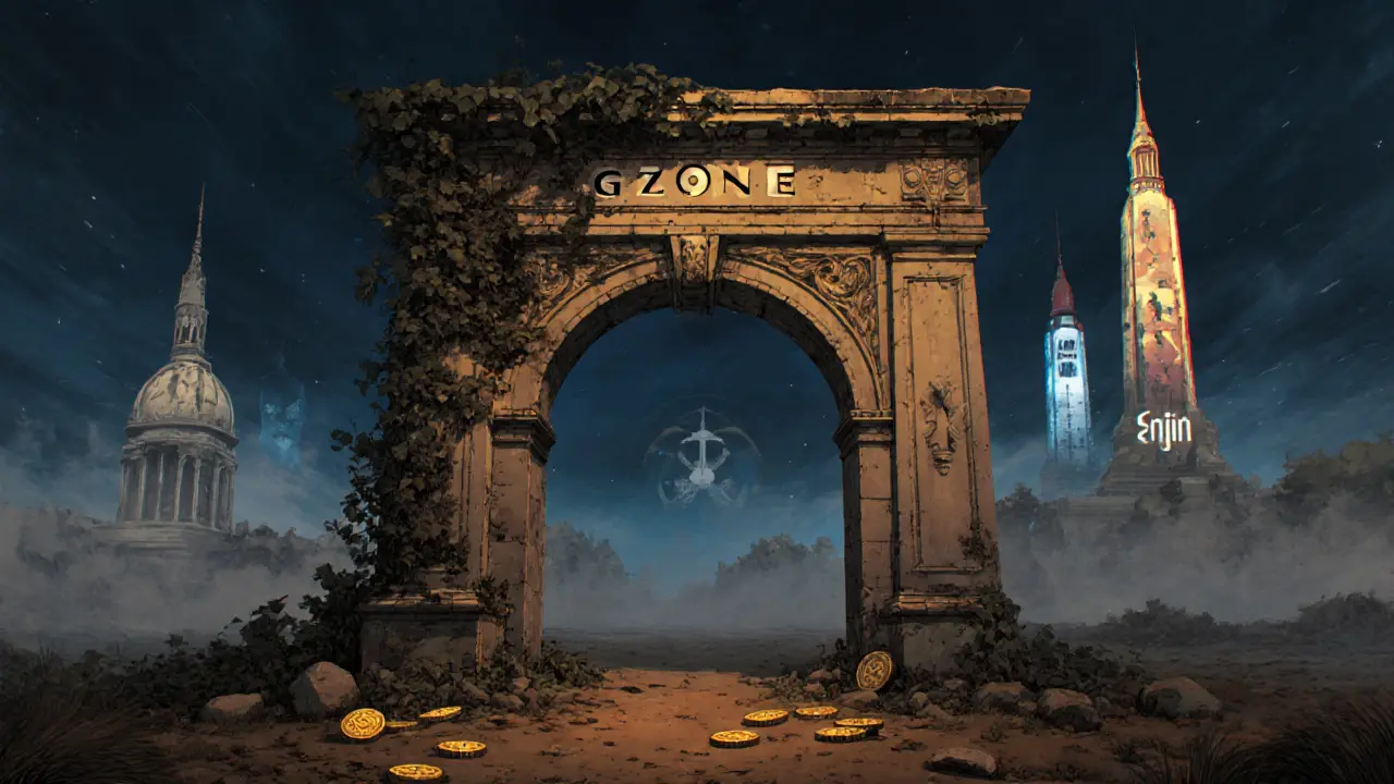 A crumbling GZONE arch fades into fog while rival GameFi projects shine brightly in the distance.