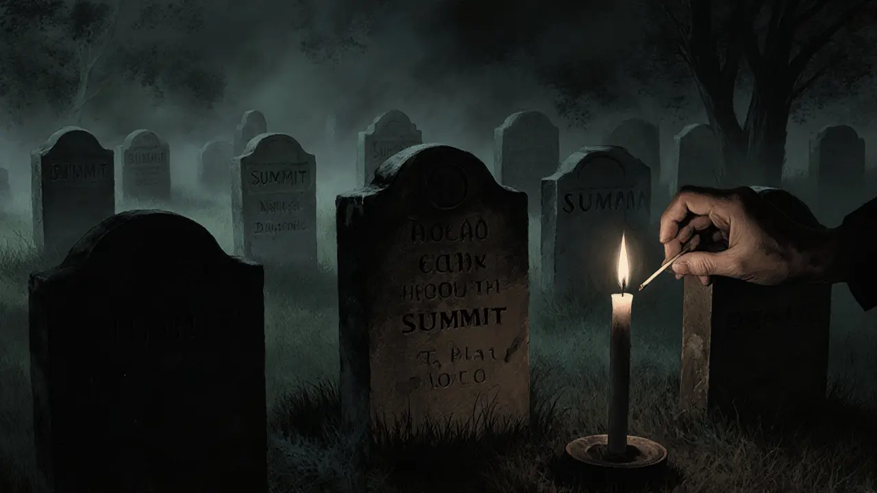 A crypto graveyard with one fading tombstone labeled SUMMIT, a lone candle burning beside it.