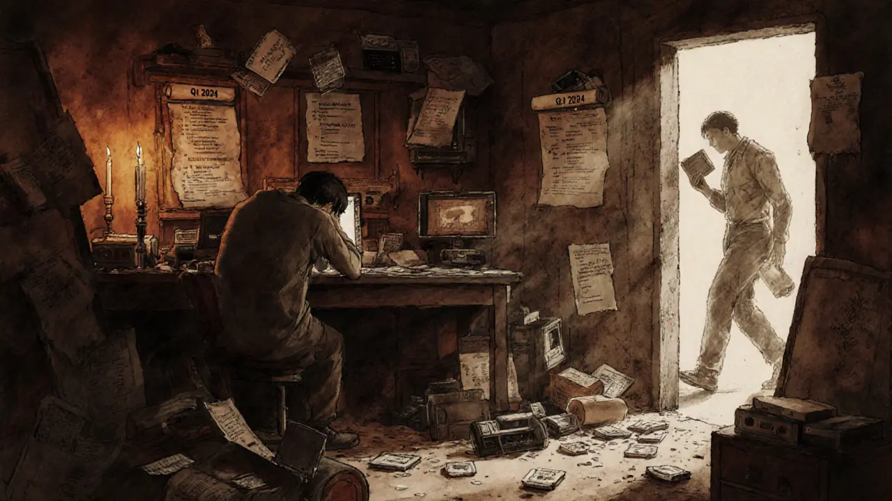 A dusty workshop filled with unfinished game tech and outdated roadmaps, a developer sits defeated.