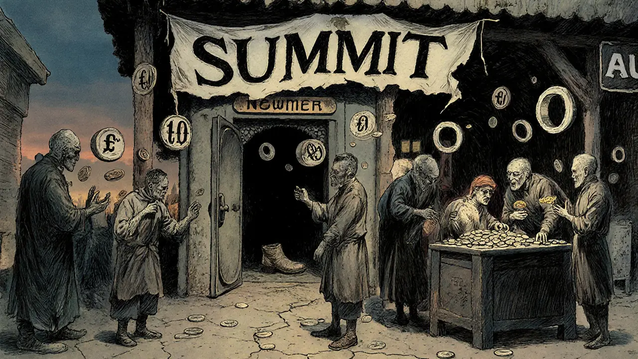 A ghostly marketplace with floating supply numbers and an empty audit vault in the background.