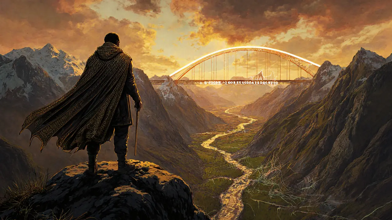 A liquidity provider atop a mountain of crypto tokens gazes at a glowing cross-chain bridge under dramatic lighting.