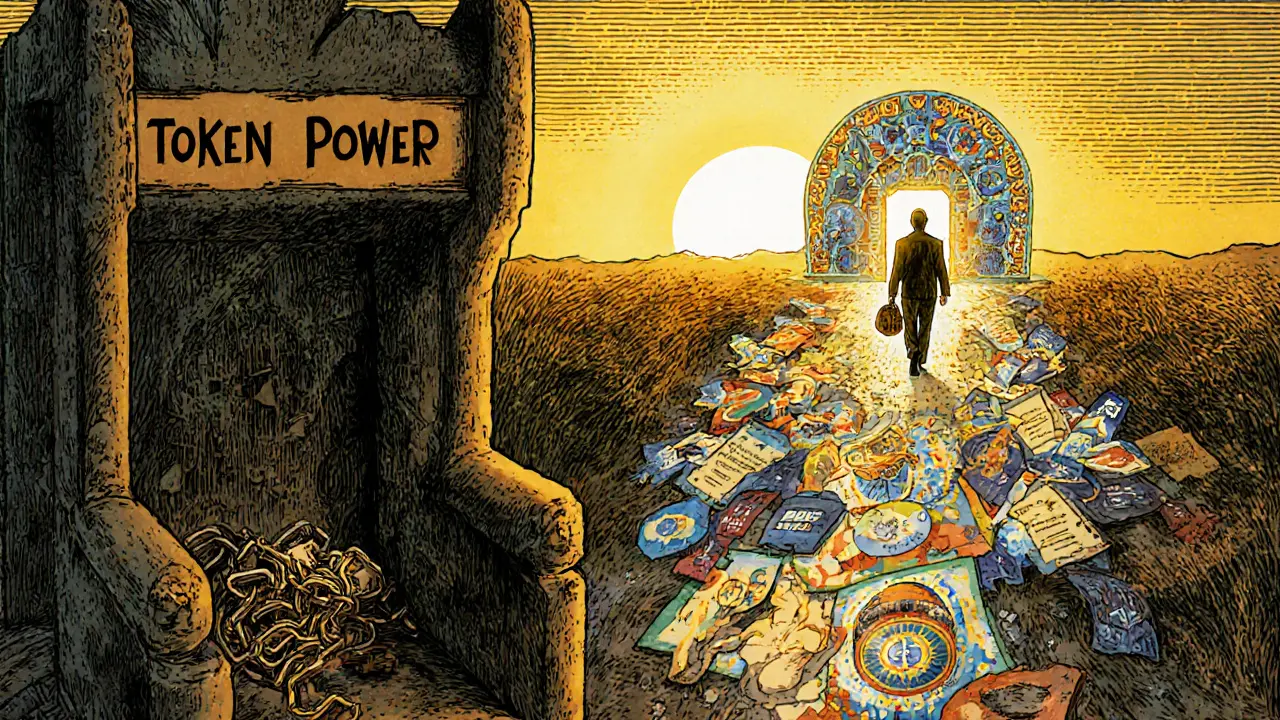 A member leaves a token throne behind, carrying reputation badges with an AI companion as hybrid governance glows ahead.