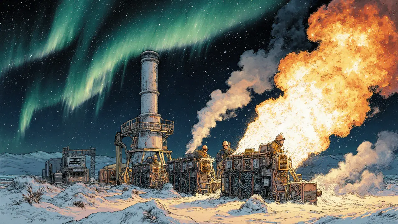 Bitcoin miners operating beside gas flares in snowy Siberia, auroras lighting the sky.