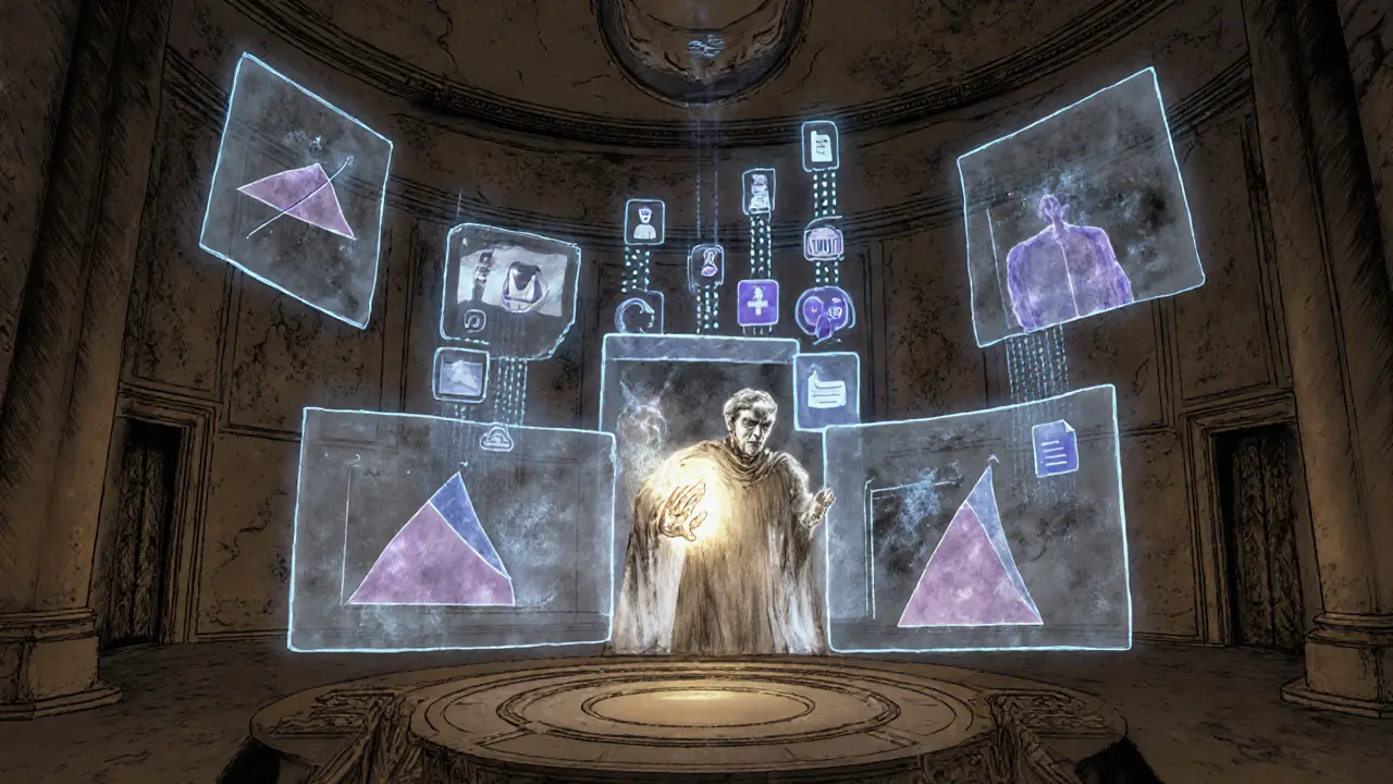 Humans vote in a holographic DAO chamber as AI advisors appear as ink-washed spirits guiding decisions.