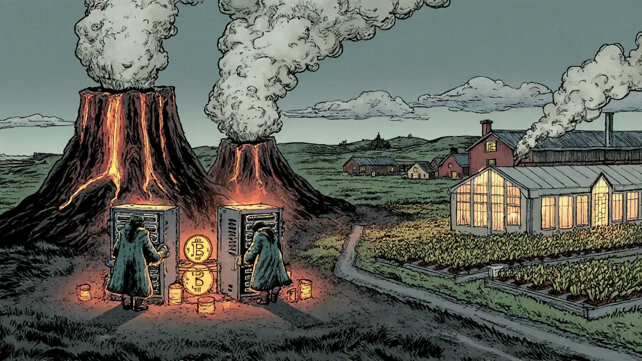 Icelandic mining rigs beside geothermal vents, warming greenhouses under northern lights.