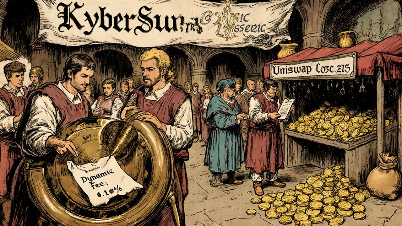 Medieval merchants trade tokens in a marketplace, with one adjusting a dynamic fee dial while another receives a clean transaction scroll.