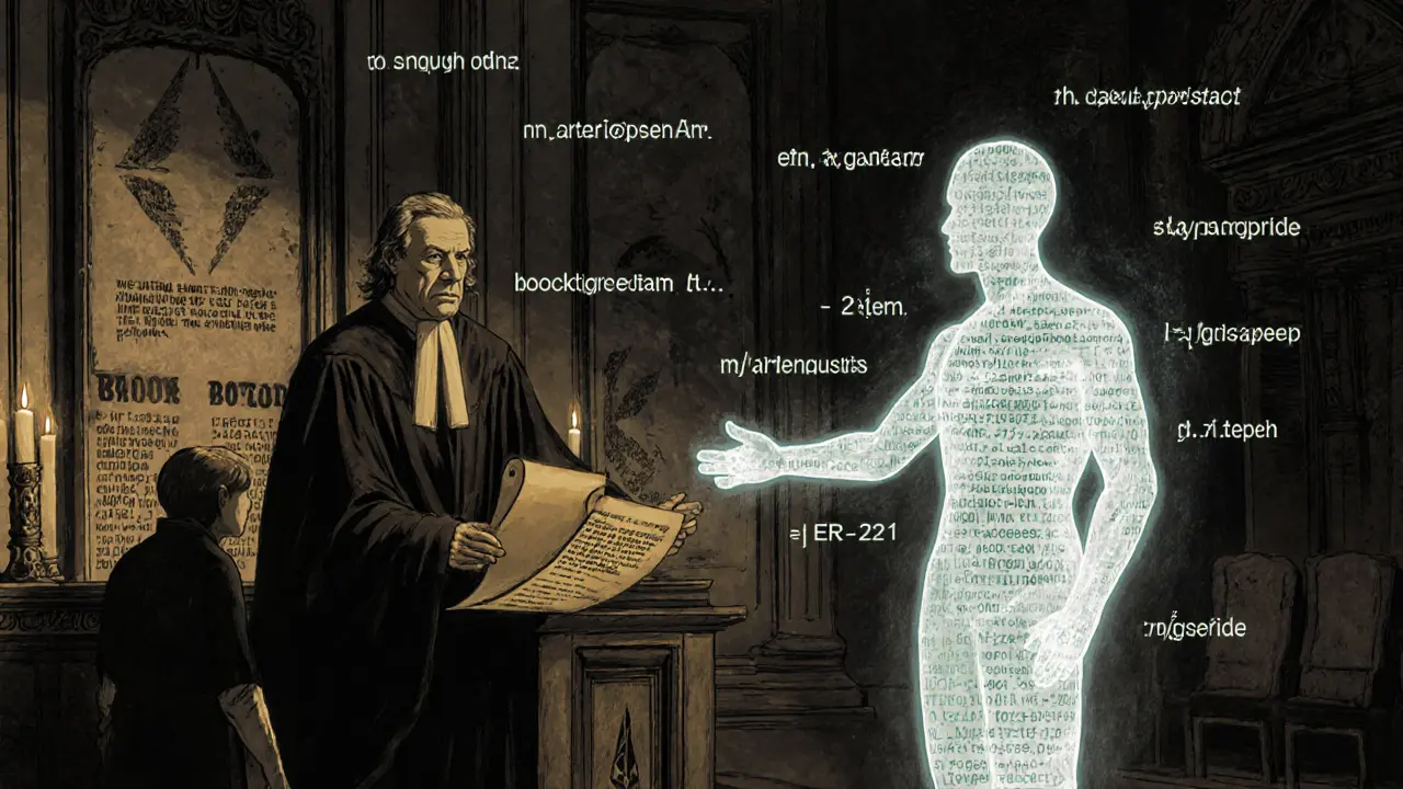 A bytecode judge enforces smart contract rules in a mystical courtroom filled with floating variables.