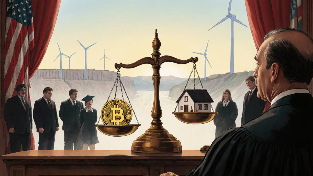 A courtroom scale balances Bitcoin against a home, hospital, and school under a glowing dam.
