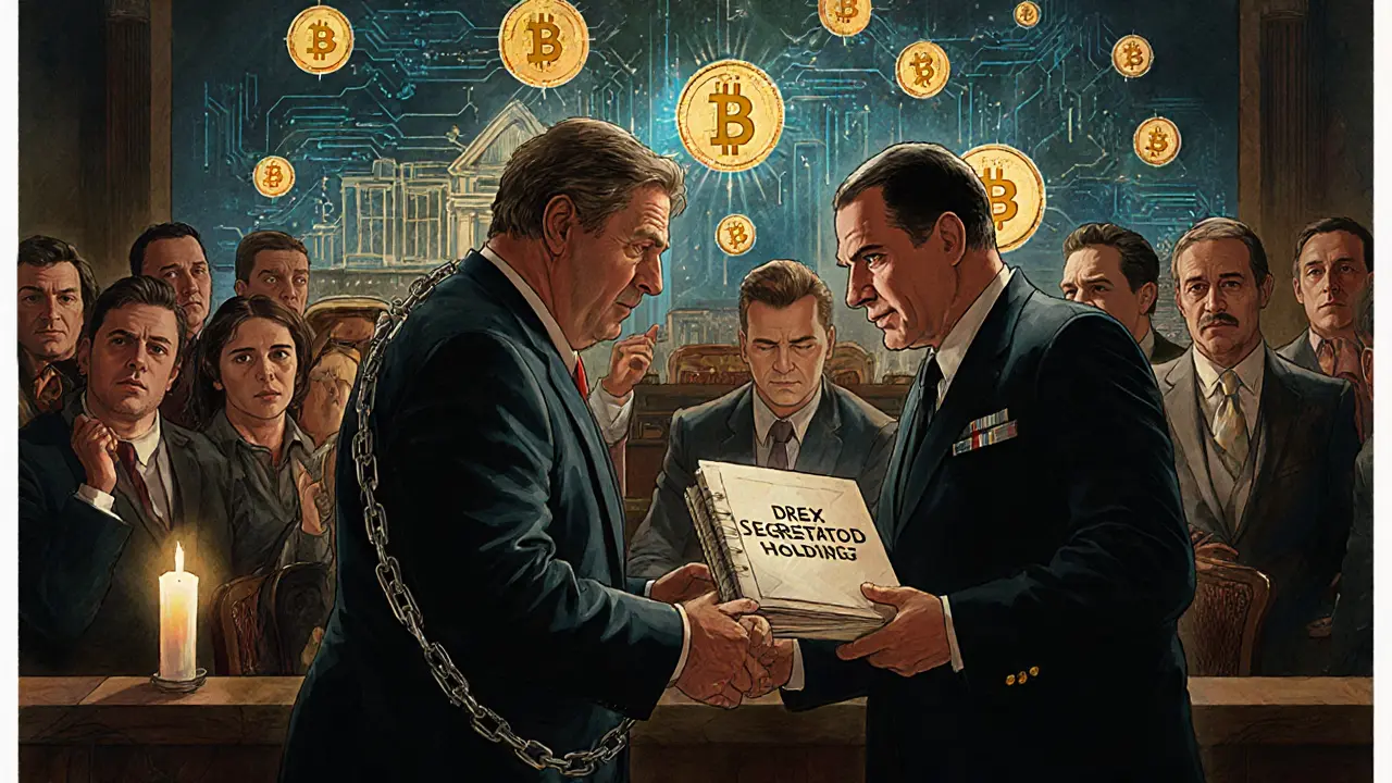 A crypto scammer being taken away as customers get their funds back under the watch of a Central Bank officer.