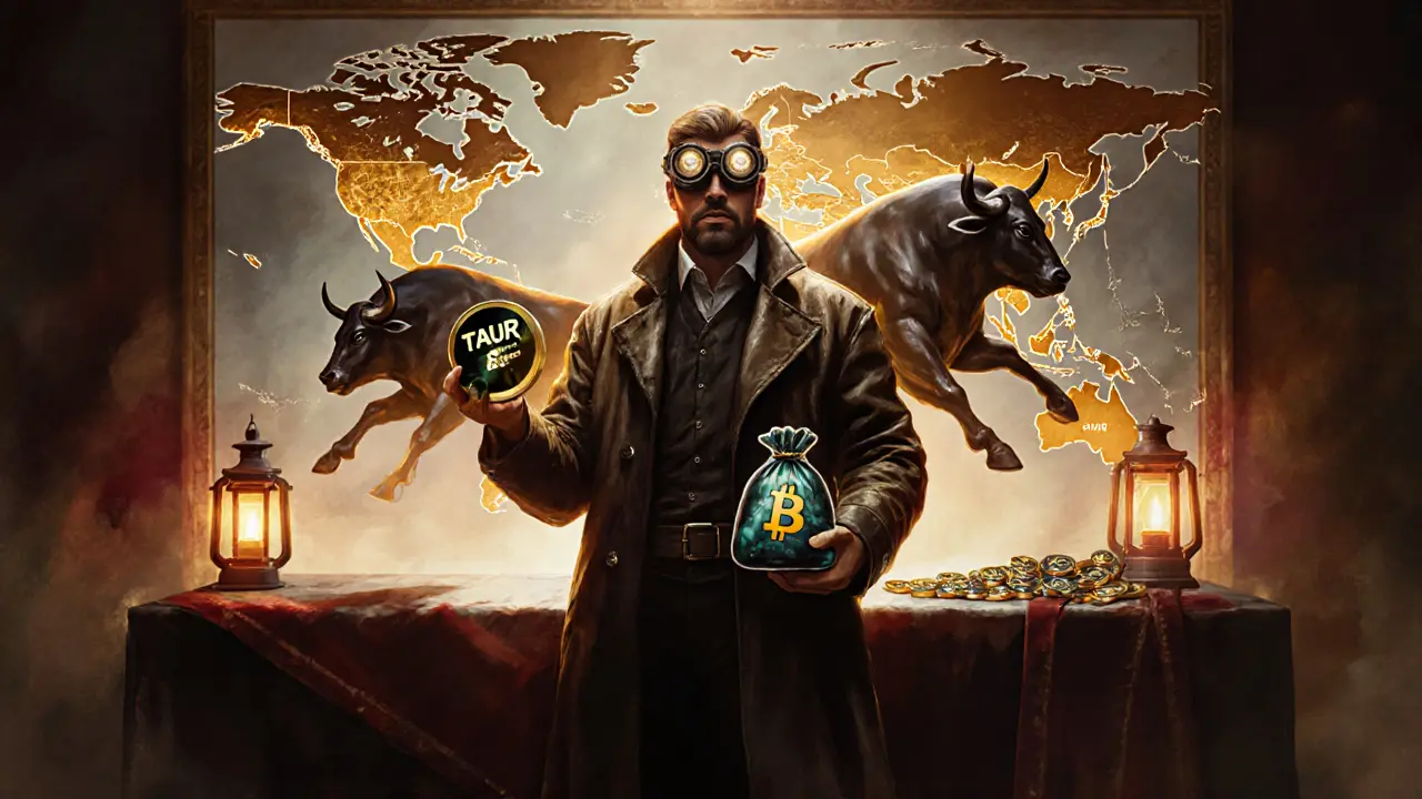 A DeFi trader holds a TAUR NFT and tokens before a glowing altar, blockchain networks racing behind.