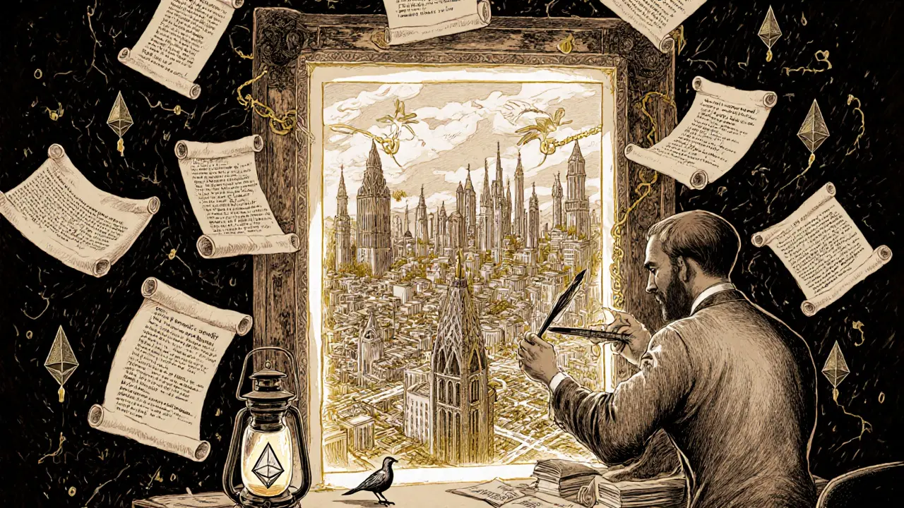 A developer activates a portal to a city of interconnected smart contracts, guided by an oracle bird.