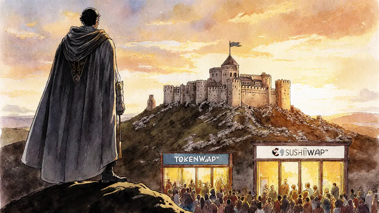 A heroic figure stands above a crumbling scam exchange, while legitimate DEXs glow warmly below at dawn.