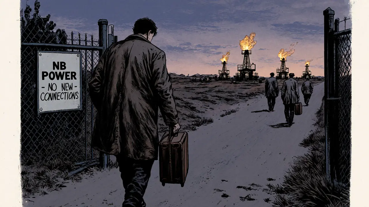A lone miner walks away from a locked gate, heading toward distant oil-field rigs at twilight.