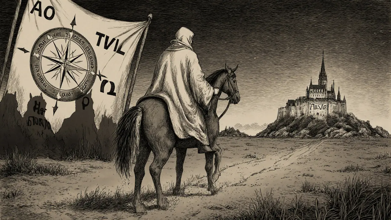 A rider on a parchment horse journeys through a digital wasteland, guided by a broken compass pointing to zero value.