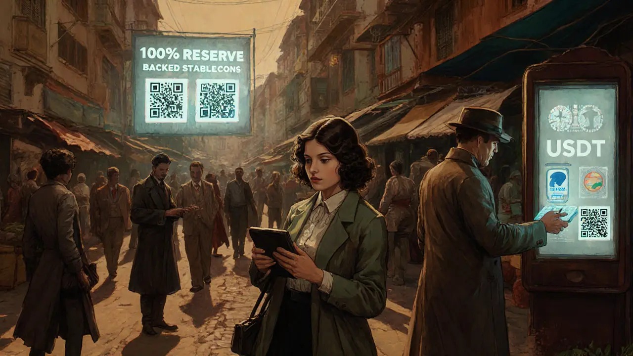 A street vendor in Rio accepting stablecoins while a regulator monitors transactions in a vibrant 2025 market.