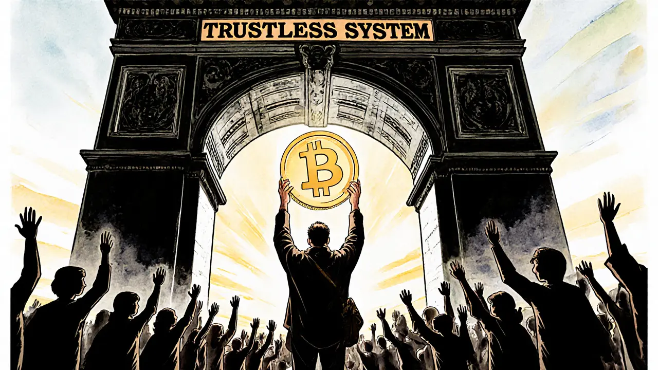 A traveler holds a crypto coin as thousands of global node-silhouettes vote beneath a stone arch marked &#039;Trustless System.&#039;