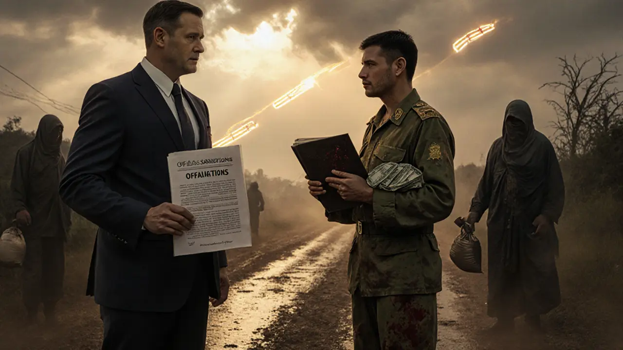 A U.S. Treasury official confronting the KNA leader amid crypto addresses and cash sacks under a stormy sky.