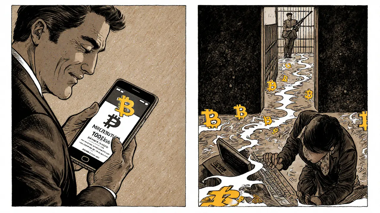 An American investor fooled by a crypto scam linked to a victim trapped in a prison cell, connected by flowing Bitcoin symbols.