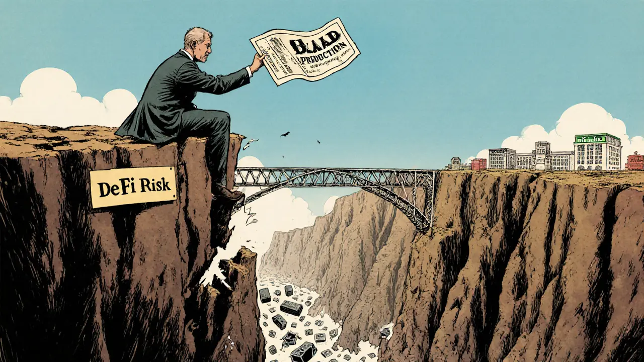 An investor watches a price prediction ticket vanish as they sit atop a cliff of lost crypto, with safe exchanges across the chasm.