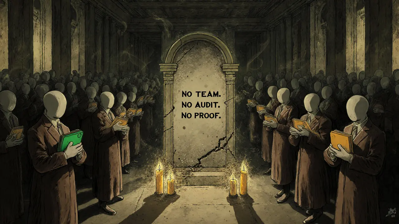 Faceless figures reflect in mirrors, each holding an empty wallet, surrounded by a crumbling stone tablet with warning text.