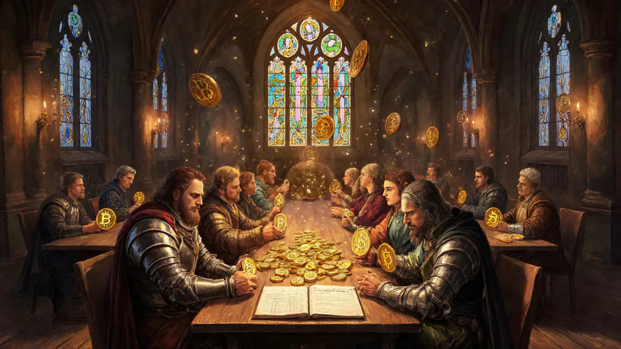 NFT holders in medieval-futuristic attire receive golden rewards in a grand guild hall lit by candlelight.