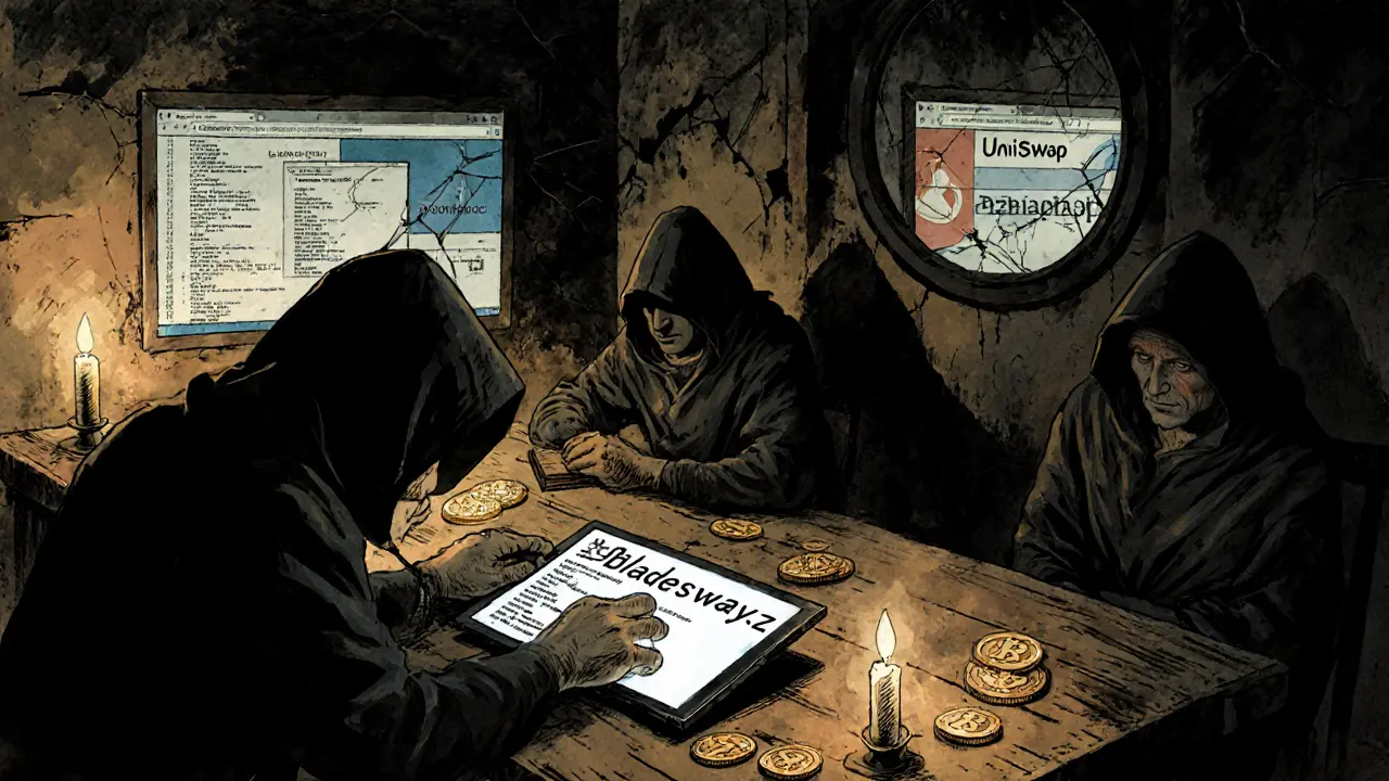 Secretive traders in a dim den connect a wallet to a suspicious screen, while safer DEXs reflect in a cracked mirror.