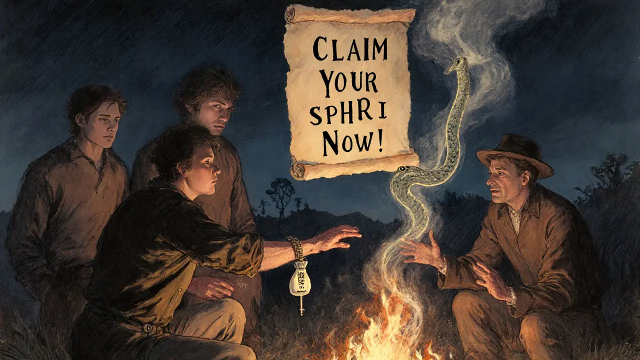 Travelers gather around a campfire, staring at a glowing empty parchment as one reaches for a dangerous coin pouch.