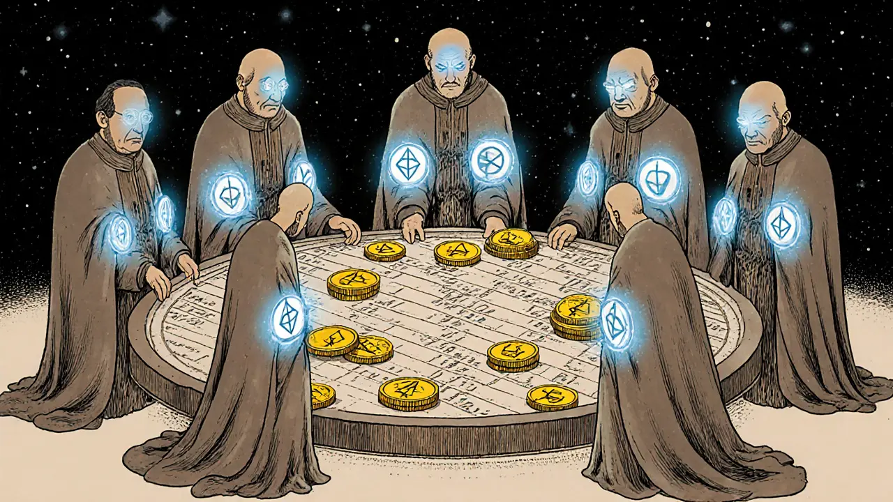 Validators in robe-like digital garments surround a floating blockchain ledger, one attempting fraud as coins turn to light.