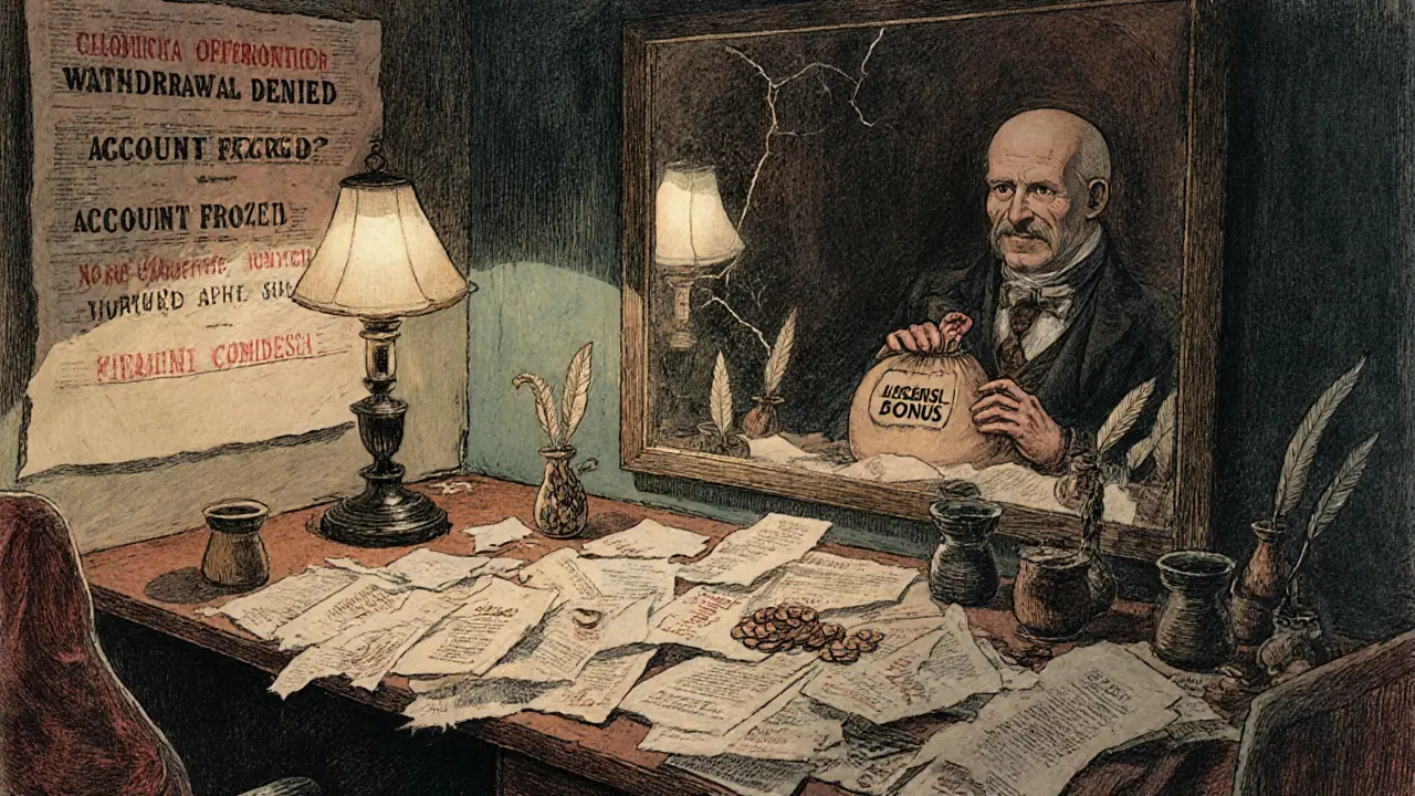A cluttered desk with denial notices and a deceptive mirror reflection, evoking a cautionary 19th-century scene.