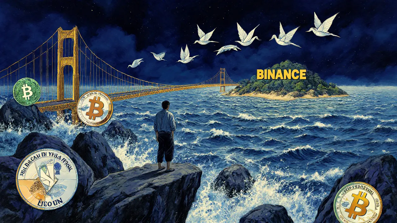A lone trader stands on a cliff facing digital ocean hazards, with a golden bridge of banknotes leading to Binance island.