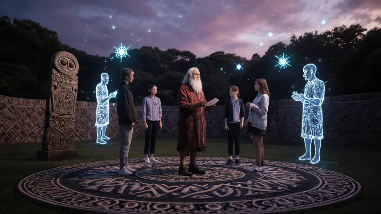 A Māori elder leads students in a virtual marae surrounded by glowing ancestral carvings and blockchain symbols.