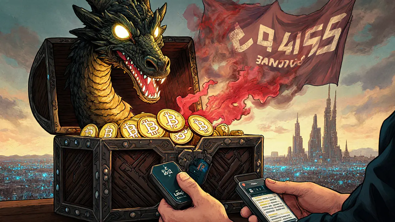 A medieval-style crypto chest releases AI dragons analyzing Bitcoin coins by risk score, with ISO 24165 banner in the distance.