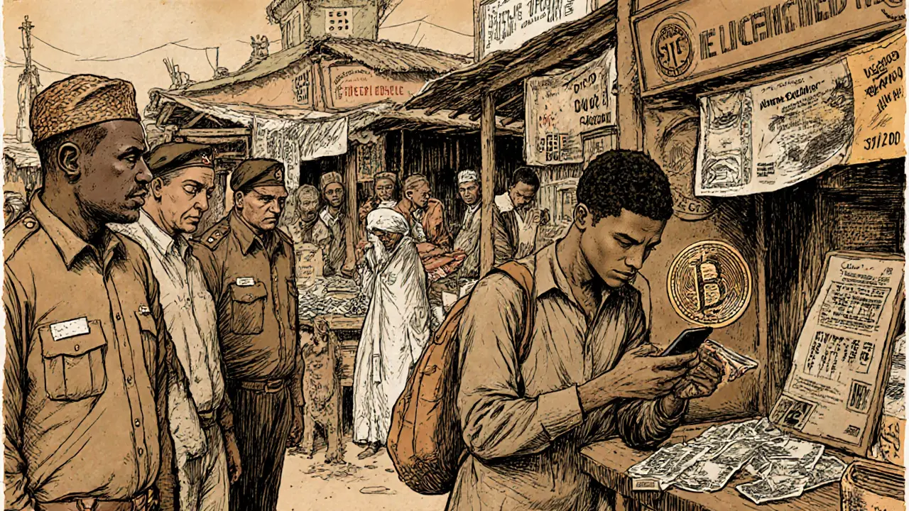 A Nigerian entrepreneur trading Bitcoin on a mobile app while SEC inspectors monitor a licensed exchange in a marketplace.