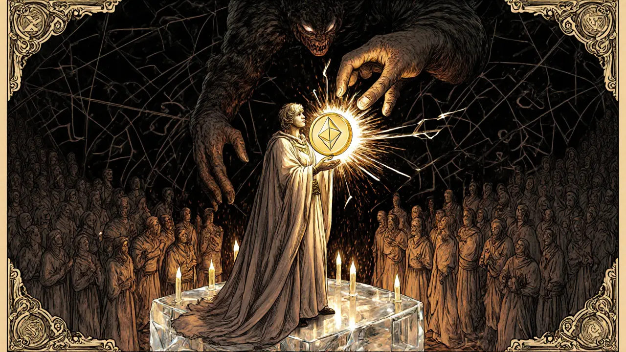 A noble validator holds a glowing ETH token as thousands of stakers form a light web, while a dark hand shatters against slashing runes.