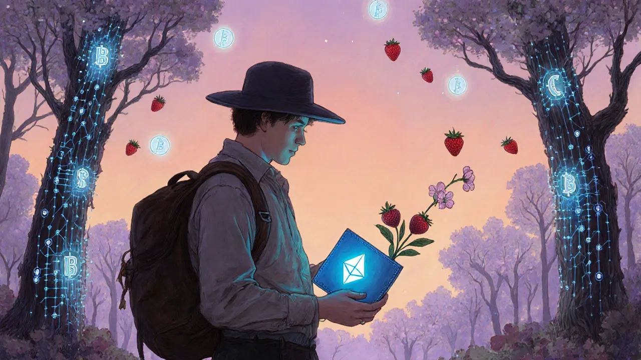 A traveler holds a glowing wallet and strawberries, standing at the edge of a digital forest with blockchain trees.