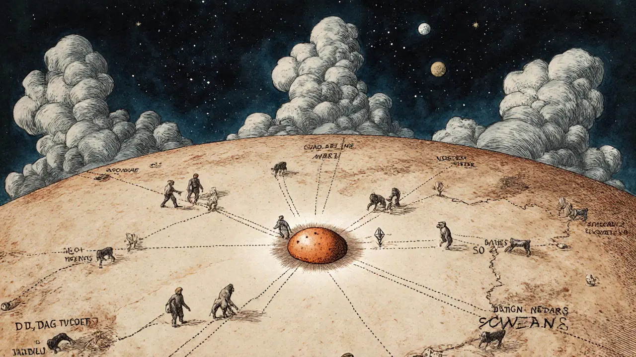 An ancient celestial map shows Dogelon Mars as a star, with paths connecting Ethereum and Polygon, tiny figures traveling between them.