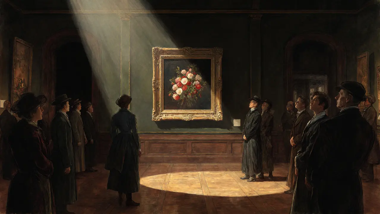 An art gallery scene with a painting of Strawberry In Bloom illuminated by a spotlight, viewers in quiet awe.