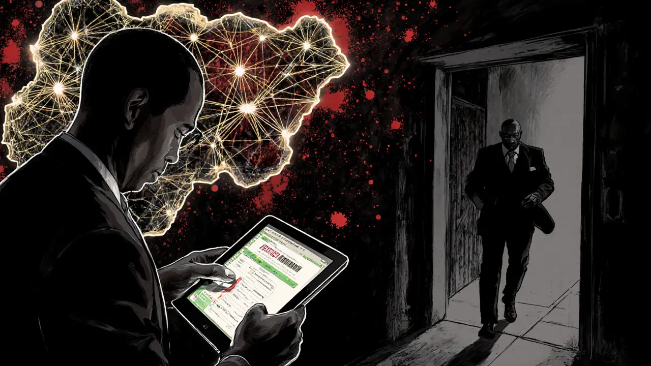 EFCC and NFIU agents tracking crypto fraud on a digital map, chasing a suspect fleeing into shadow.
