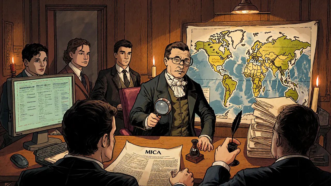 EU crypto office with staff reviewing transactions as an inspector examines global flows with a magnifying glass and quill.