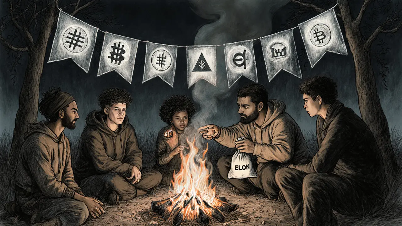 People around a campfire pass ELON tokens to a scam victim, scam banners burning to ash above them in warm firelight.