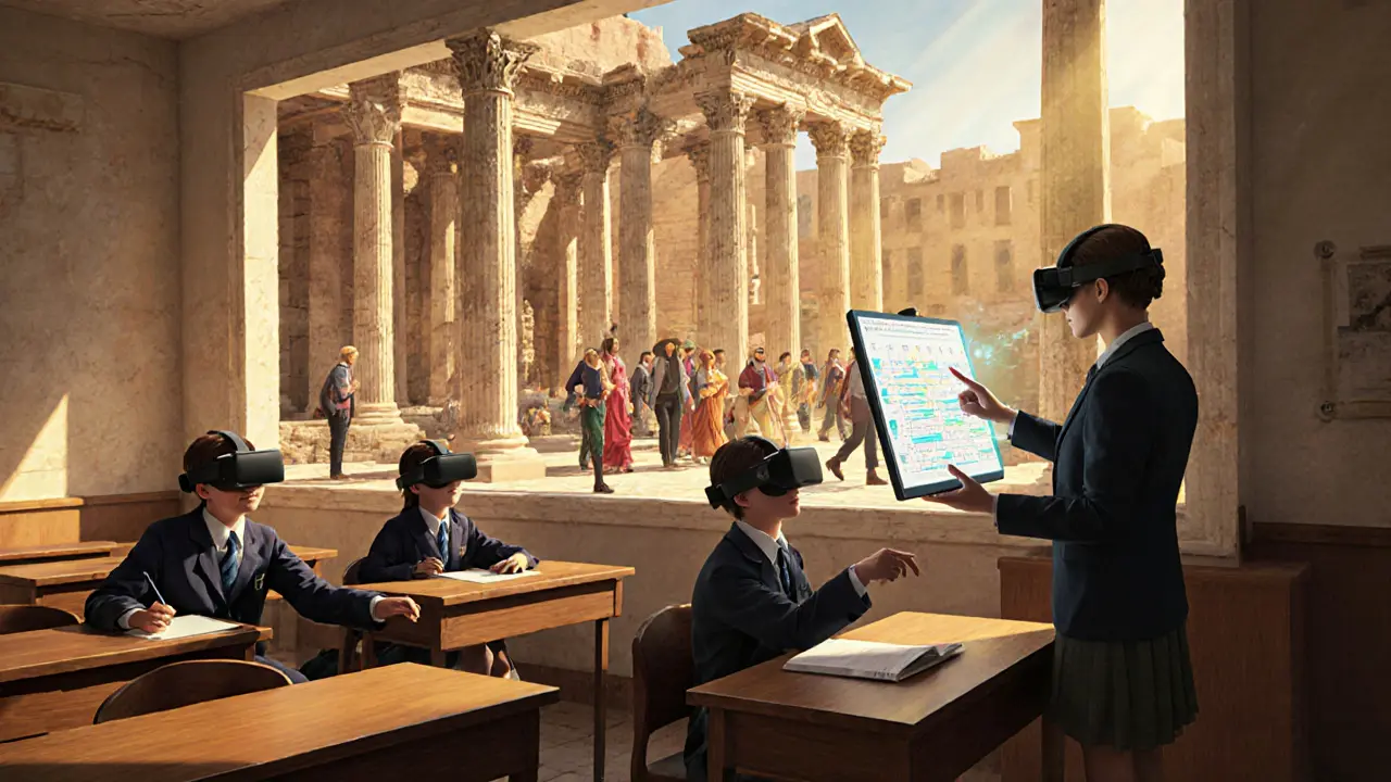 Students in a classroom explore a holographic ancient Rome using VR headsets, guided by a teacher.
