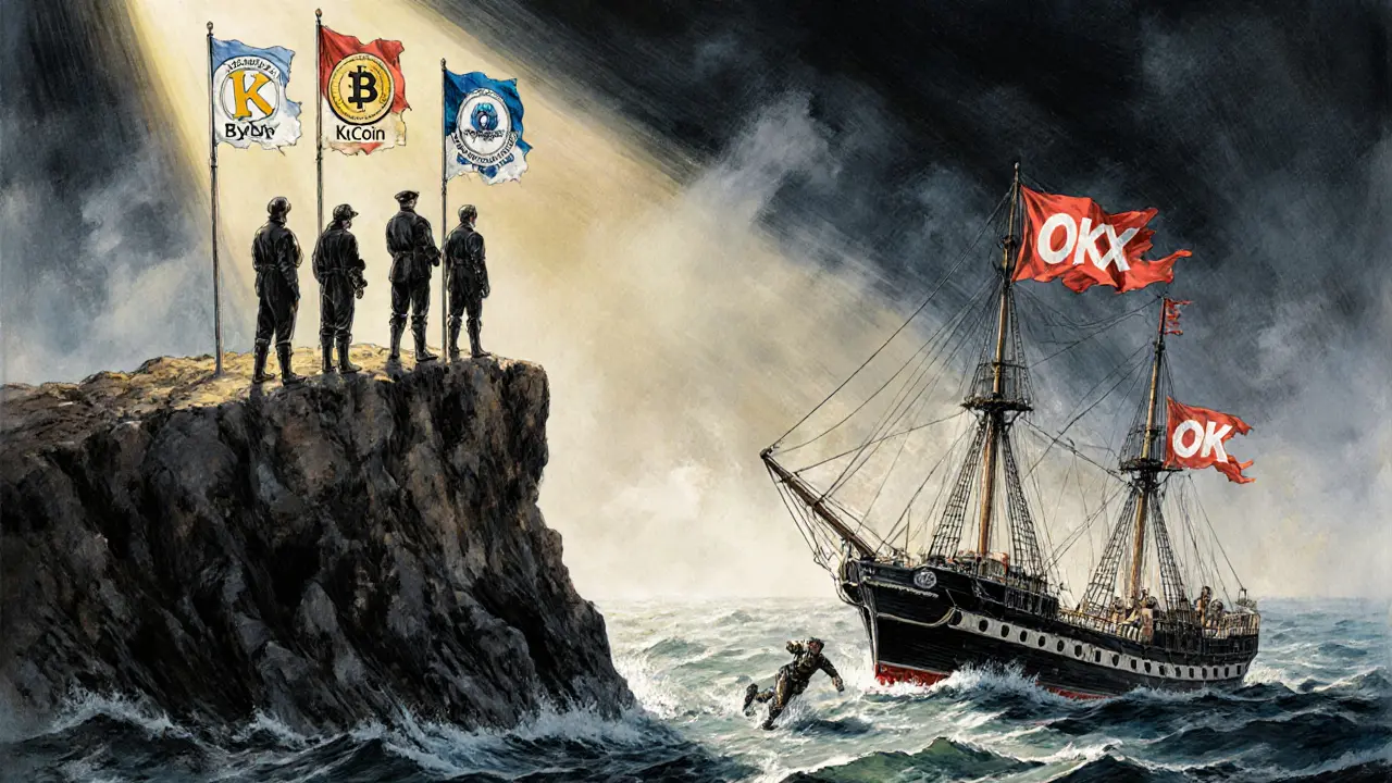 Three legitimate exchanges stand strong on a cliff while BitAsset sinks in foggy waters, illustrated in heroic realism.