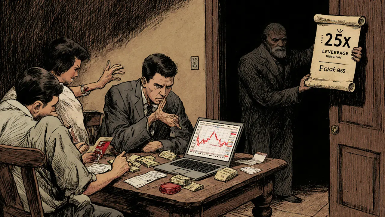 Three traders analyze futures charts at a wooden table, while a shadowy bank official watches from the doorway.