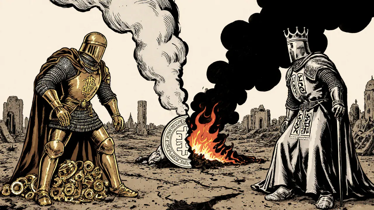 Two armored knights battle over a cracked coin—one representing Proof of Work with gears, the other Proof of Stake with runes—in a ruined blockchain landscape.