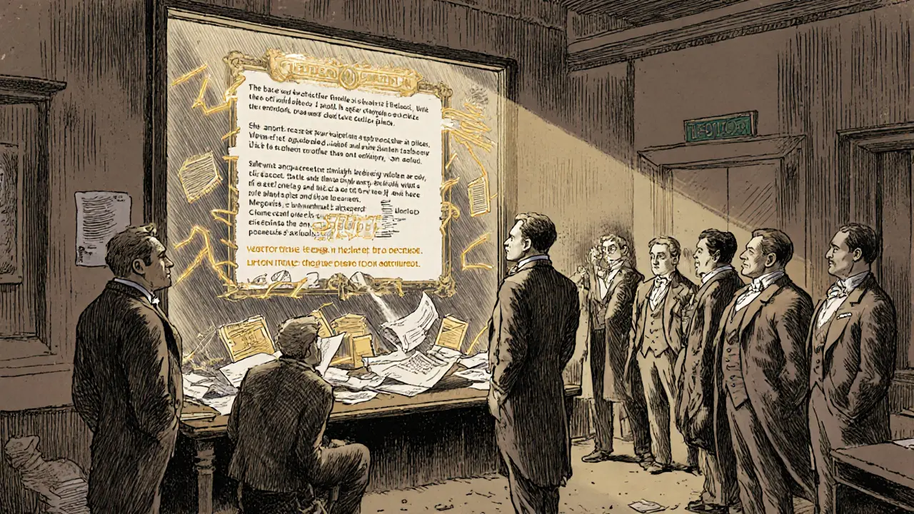 Agents watch a smart contract automatically verify a property sale on a transparent digital screen.