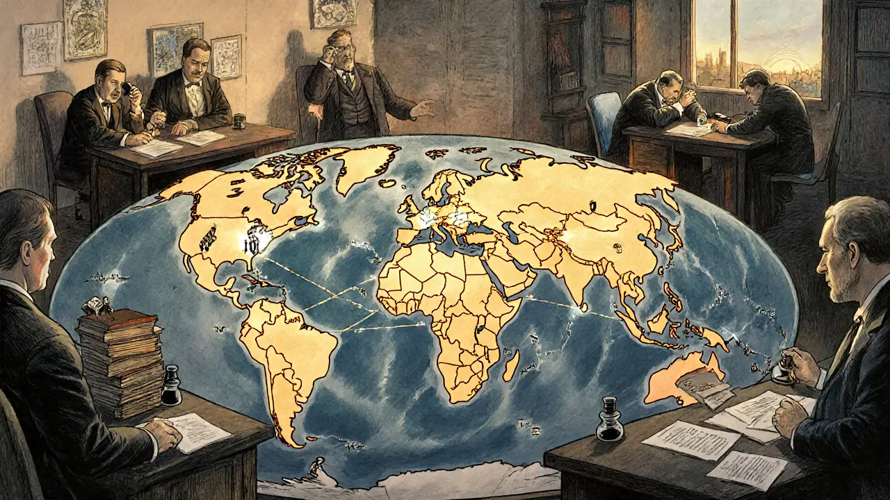 Global map shows fast blockchain property deals in bright light, while old offices remain stuck in paper.