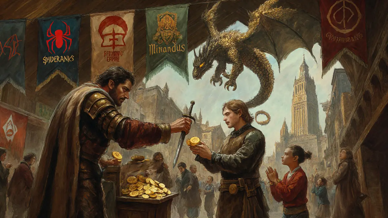 A bustling marketplace where players trade NFTs under banners of Gala Games, with a digital dragon overhead.