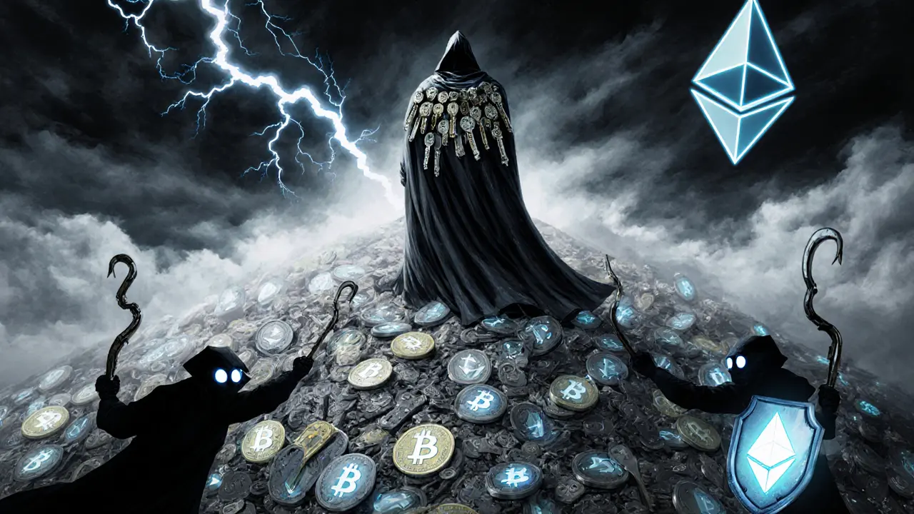 A custodian stands atop tokenized assets, protected by AI sentinels from thieves, under a stormy sky with Ethereum lightning.
